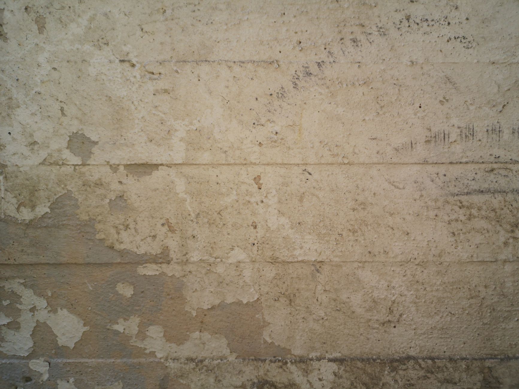 Concrete block wall with peeling paint and staining along the mortar joints
