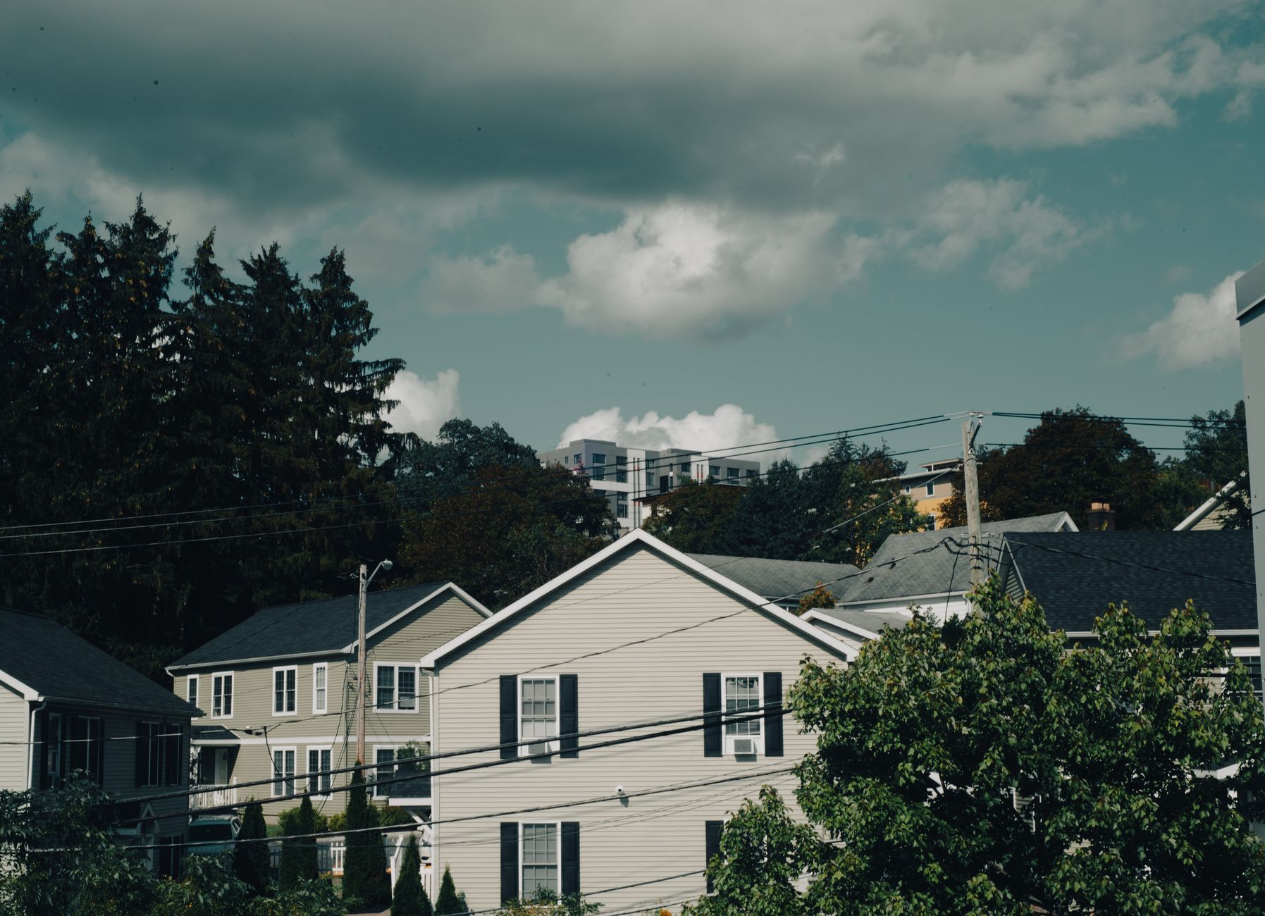 Older two-story homes with shutters and mature trees under a cloudy sky